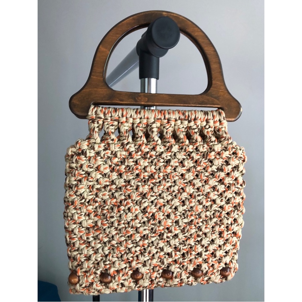 Vintage 1970s Macrame Crochet Woven Beige and Orange Bag Purse Wooden Handle
